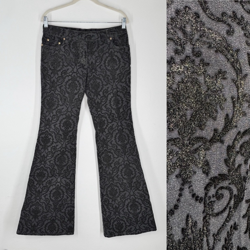 Roberto Cavalli Black Shimmer Velvet Damask Flare Pants Italy Size 42 /US Medium